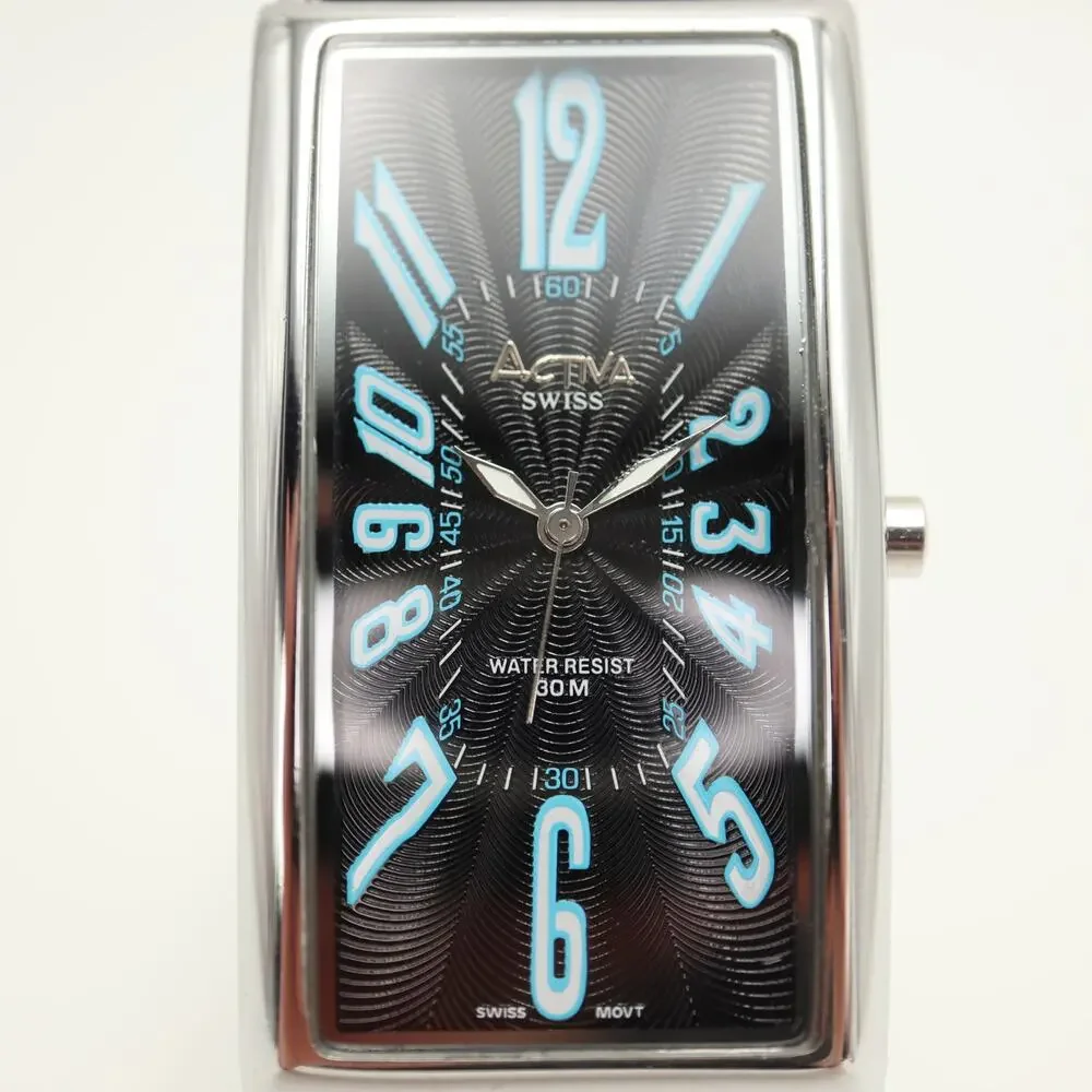 Activa Swiss Black Blue Tall Tank 26mm Unisex Watch Leather Strap w New Battery
